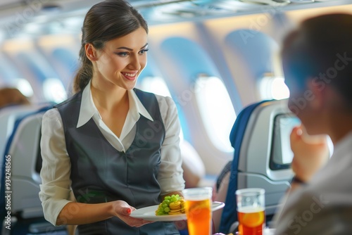 A flight attendant cheerfully presents a meal to a passenger while serving drinks in the cabin of an airplane. Generative AI photo