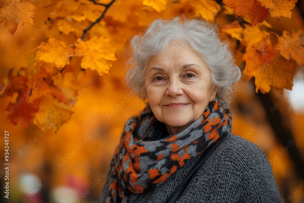 Portrait of the smiling elderly woman. A photo on the autumn background, Generative AI Portrait of the smiling elderly woman. A photo on the autumn background, Generative AI