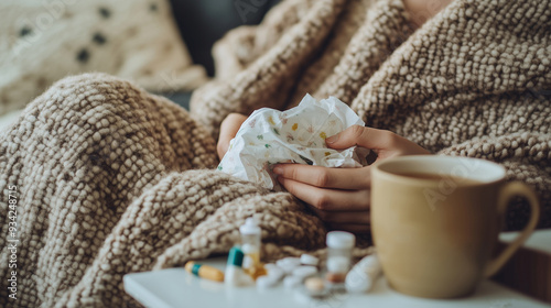 A person wrapped in a thick blanket, holding tissues, with a cup of tea and various medications on a table, suggesting they're feeling unwell. photo