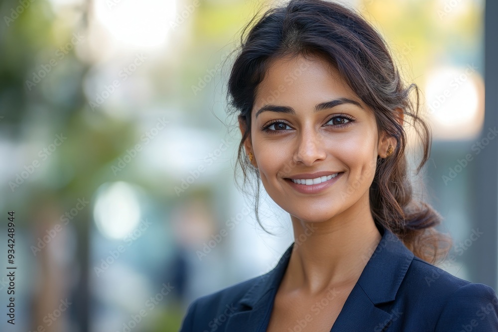 Cheerful Indian business woman looking camera in urban district, copy space. Portrait of successful modern asian manager, worker standing outdoors. Successful, Generative AI Cheerful Indian business woman looking camera in urban district, copy space. Portrait of successful modern asian manager, worker standing outdoors. Successful, Generative AI