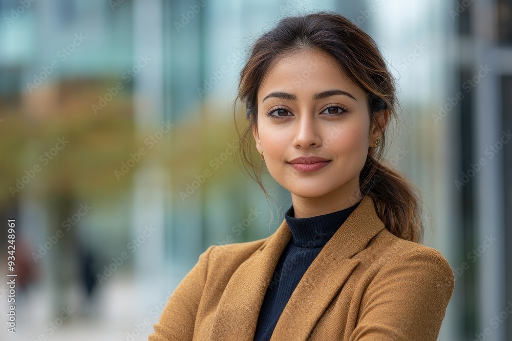 Cheerful Indian business woman looking camera in urban district, copy space. Portrait of successful modern asian manager, worker standing outdoors. Successful, Generative AI Cheerful Indian business woman looking camera in urban district, copy space. Portrait of successful modern asian manager, worker standing outdoors. Successful, Generative AI