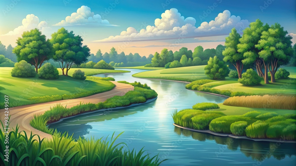 Serene landscape featuring a meandering river with gentle ripples, surrounded by lush greenery and a subtle horizon line, in a stylized illustration format. Serene landscape featuring a meandering river with gentle ripples, surrounded by lush greenery and a subtle horizon line, in a stylized illustration format.