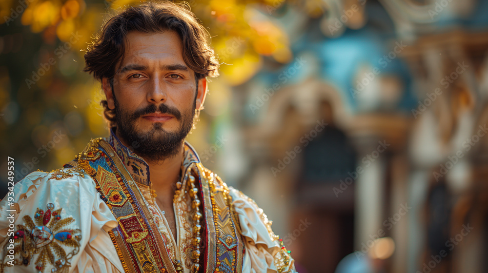 Portrait of Handsome Romania Man in Traditional Costume against Countryside Local Village Background, Highlighting Cultural Heritage and Modern Contrast Portrait of Handsome Romania Man in Traditional Costume against Countryside Local Village Background, Highlighting Cultural Heritage and Modern Contrast