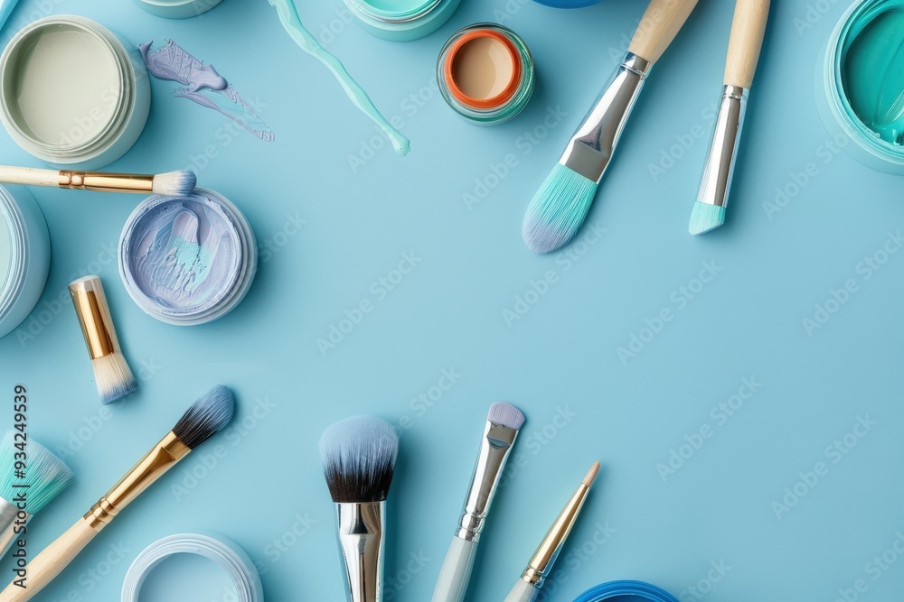 A blue background with a variety of makeup brushes and tubes of makeup, generative ai image