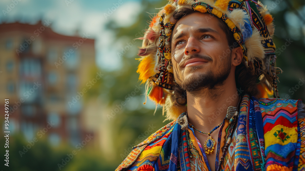 Fototapeta premium Portrait of Handsome Romania Man in Traditional Costume against Countryside Local Village Background, Highlighting Cultural Heritage and Modern Contrast