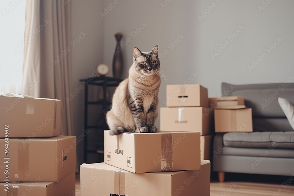 Fototapeta premium Stack of cardboard boxes and cat sitting in empty