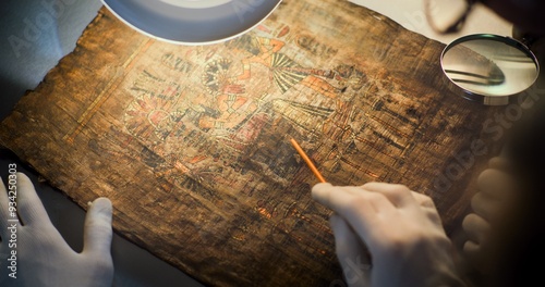 Εκτύπωση καμβά Two scientists examine ancient Egyptian papyrus together in archaeological lab