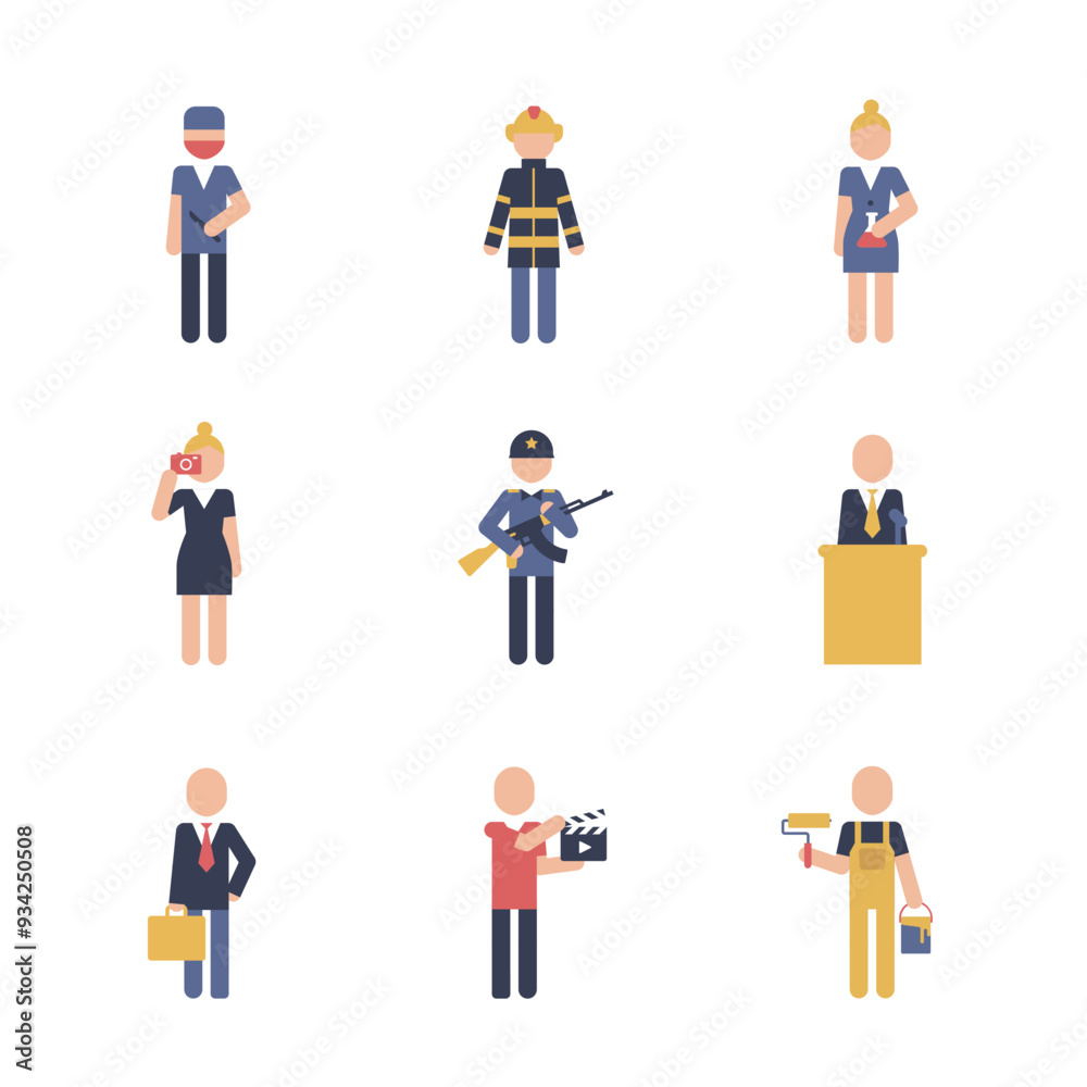 Chef, waiter, builder, businessman, gardener, pilot, flight attendant, artist, policeman color pictograms in simple style. Collector job occupation sign pictogram symbol icon.