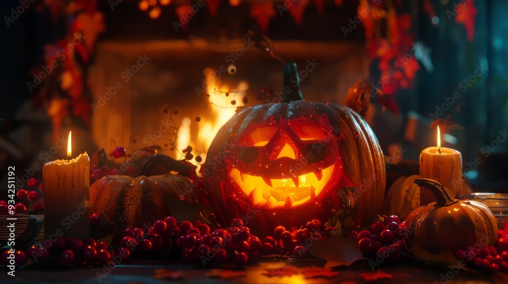 Naklejka premium Smiling jack-o-lantern with glowing candlestick, surrounded by candles, and warm fireplace 