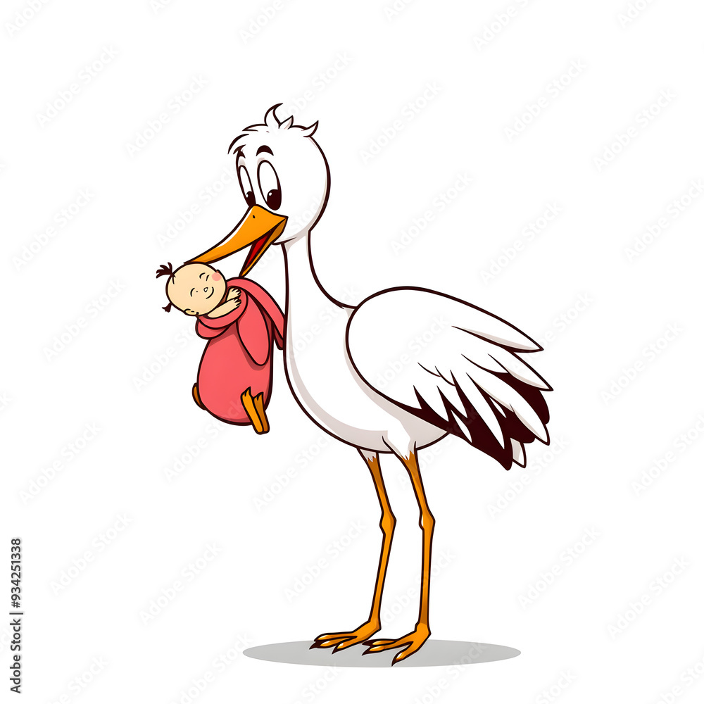 Naklejka premium Stork carrying baby cartoon icon illustration on white background. Generative AI