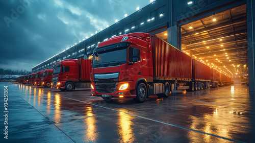 Red semis lined up in a spacious industrial area under bright lights, reflecting on wet pavement during a tranquil evening, embodying the essence of modern transport