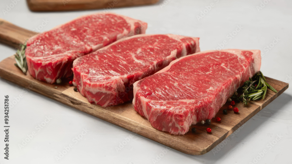 Closeup of strip steaks on a wooden cutting board. Closeup of strip steaks on a wooden cutting board.