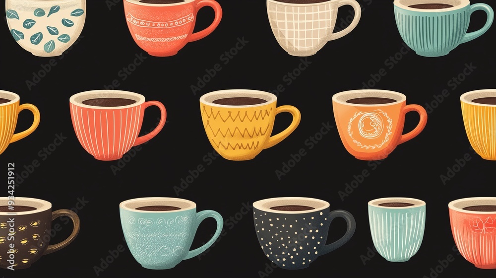 A seamless pattern featuring a colorful set of coffee and tea cups, isolated on a black background. Vector illustration. A seamless pattern featuring a colorful set of coffee and tea cups, isolated on a black background. Vector illustration.