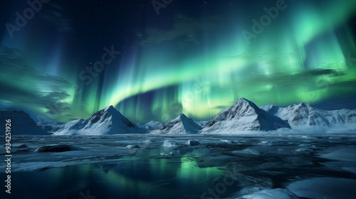 Northern Lights in the Mountains concept poster. Northern winter landscape. Polar lights horizontal poster. Digital raster painting. AI artwork.