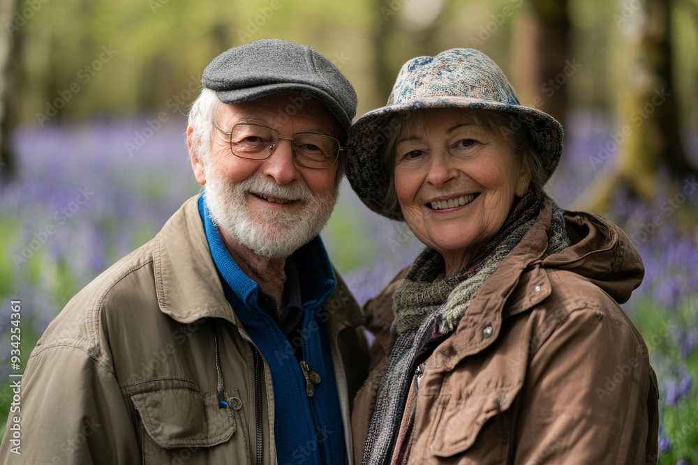 Senior couple in bluebell woods, Generative AI Senior couple in bluebell woods, Generative AI
