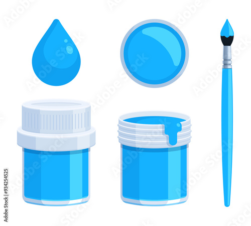 Set of blue paint bottle with brush and paint drop. Flat vector illustration isolated on white background. Tempera, gouache, acrylic, and watercolor painting concepts. Perfect for creative projects