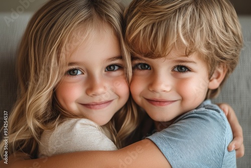 Children, brother and sister siblings kiss on cheek in family portrait with love and care. Kids, hug and smile together with support for boy and girl on an isolated, white background, Generative AI