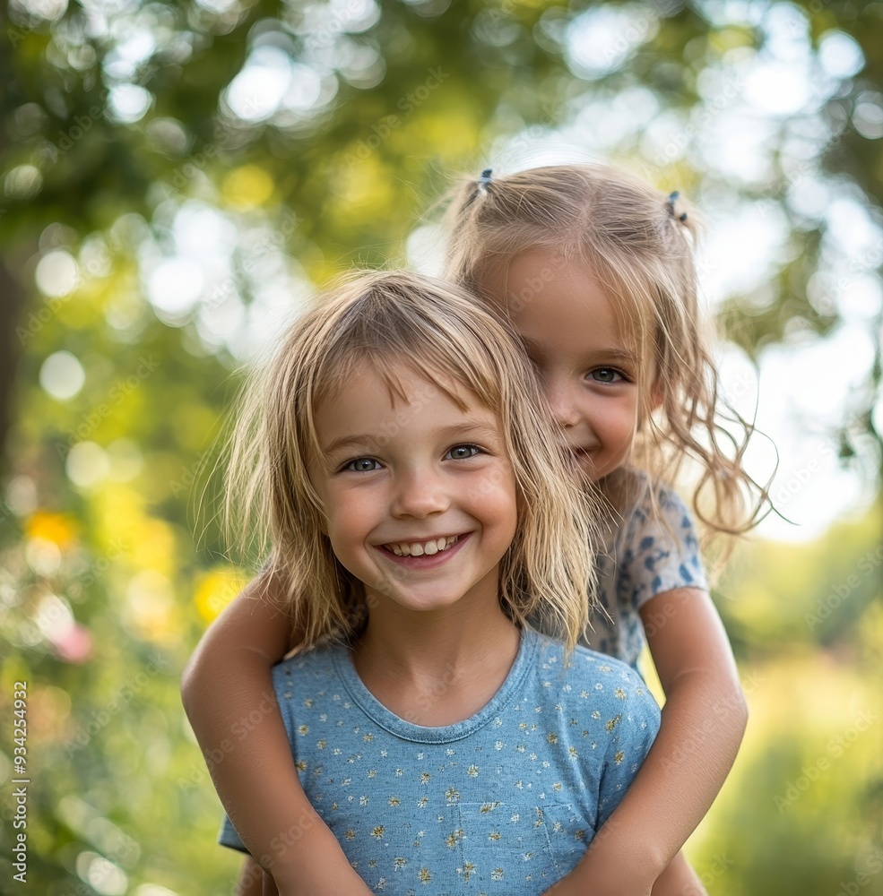 smile and siblings in an outdoor park during summer having fun and playing in nature. Happiness, excited and girl children on an adventure giving a piggy back ride outside in a green, Generative AI smile and siblings in an outdoor park during summer having fun and playing in nature. Happiness, excited and girl children on an adventure giving a piggy back ride outside in a green, Generative AI