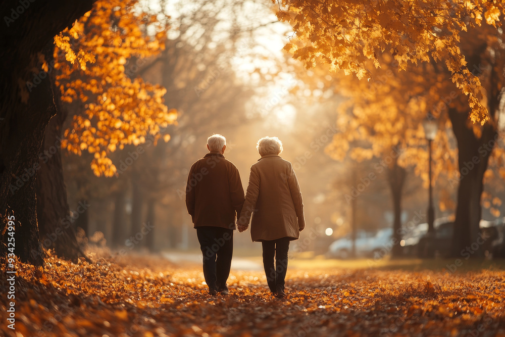 Senior citizen couple taking a walk in a park during autumn morning, Generative AI Senior citizen couple taking a walk in a park during autumn morning, Generative AI