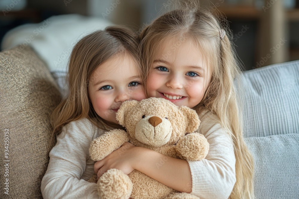 children hug and portrait of girls on sofa in living room while holding teddy bear. Love, care and happy kids, sisters and siblings bonding, embrace and hugging on couch in lounge of, Generative AI children hug and portrait of girls on sofa in living room while holding teddy bear. Love, care and happy kids, sisters and siblings bonding, embrace and hugging on couch in lounge of, Generative AI