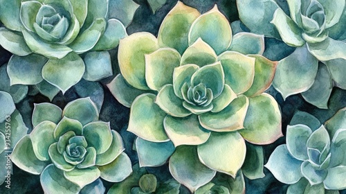 Watercolor depiction of green succulents in close up view