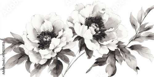 Fototapeta Naklejka Na Ścianę i Meble -  Peony flowers depicted in a traditional oriental style hand drawn with ink and watercolor featuring a loose brush technique in a monochrome palette