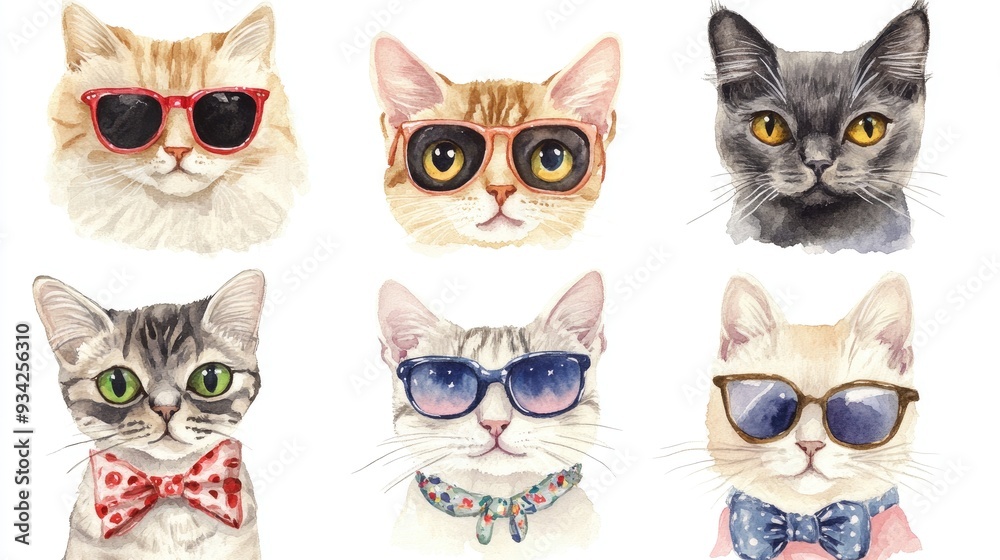 Portraits of various cat breeds adorned with accessories Watercolor illustration created by hand Portraits of various cat breeds adorned with accessories Watercolor illustration created by hand