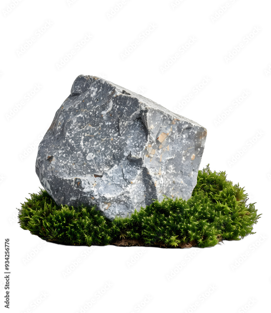 [Transparent Background PNG]Grey Stone on Green Moss with Grey Background