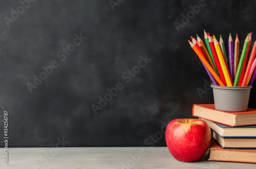 Colorful pencils in a black pot beside stacked books and an apple on a desk