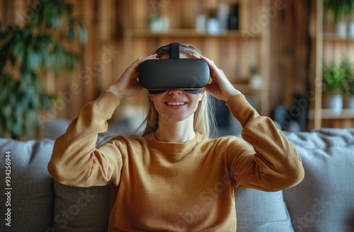 Young woman wearing virtual reality headset at home while sitting on a cozy sofa