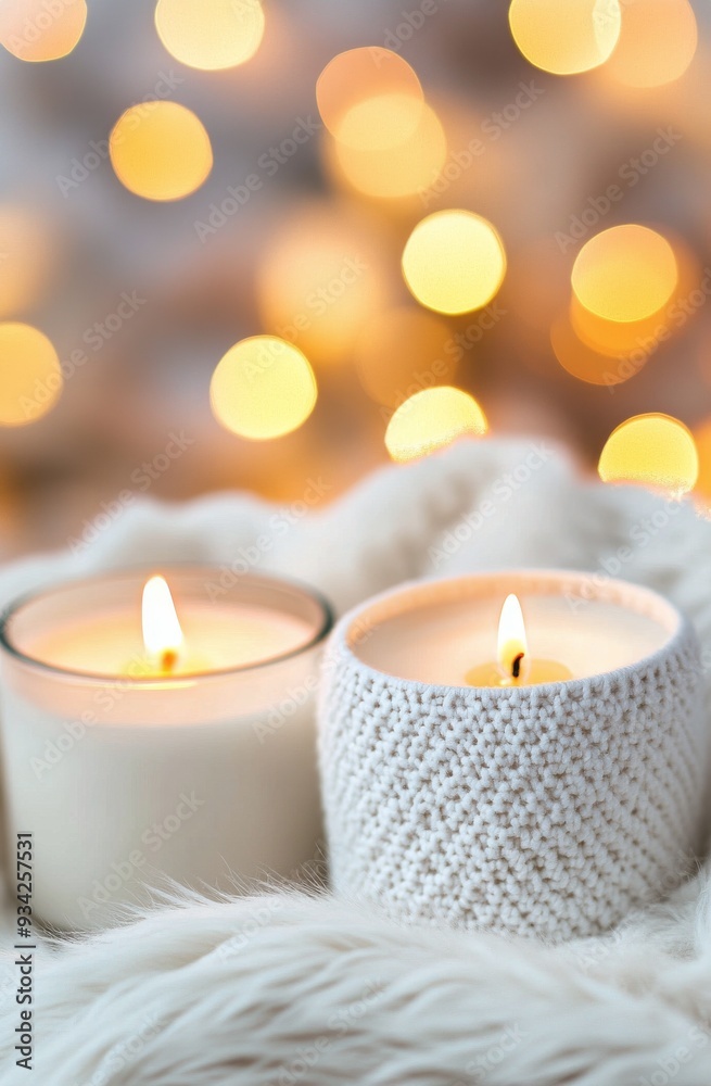 Candles glowing softly on a cozy blanket with bokeh lights in the background Candles glowing softly on a cozy blanket with bokeh lights in the background