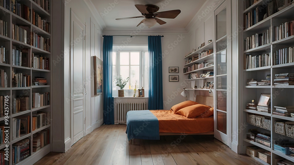 small bedroom with a white bed, under which there are storage drawers and a bookcase small bedroom with a white bed, under which there are storage drawers and a bookcase