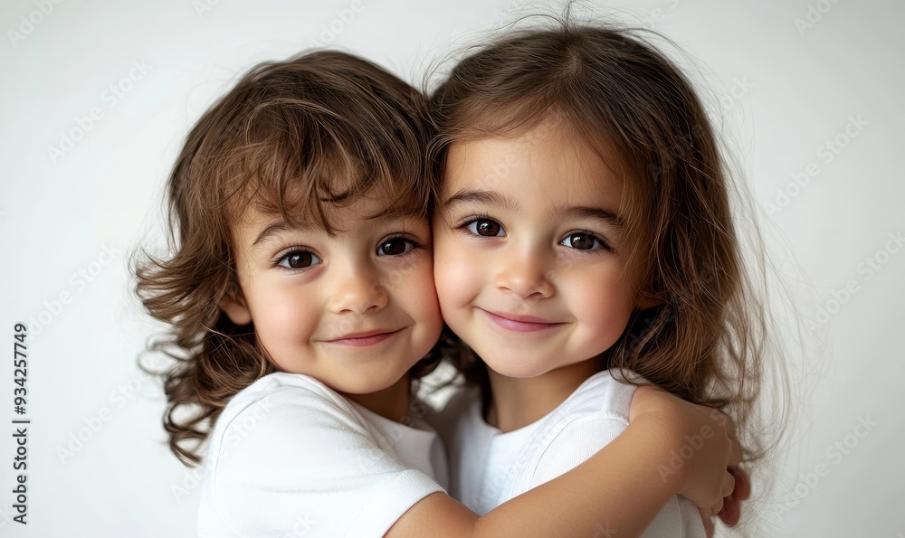 Two young children with brown hair hugging and smiling, wearing white shirts, isolated on white background. Childhood, siblings and friendship, Generative AI Two young children with brown hair hugging and smiling, wearing white shirts, isolated on white background. Childhood, siblings and friendship, Generative AI
