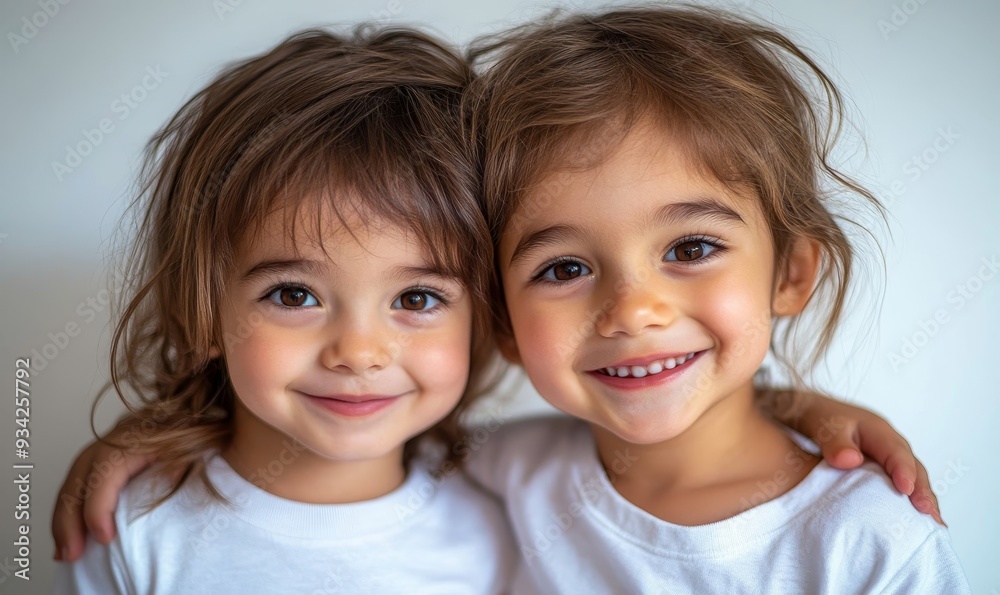 Two young children with brown hair hugging and smiling, wearing white shirts, isolated on white background. Childhood, siblings and friendship, Generative AI Two young children with brown hair hugging and smiling, wearing white shirts, isolated on white background. Childhood, siblings and friendship, Generative AI