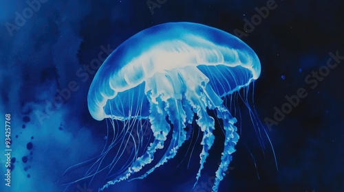 Watercolor depiction of a luminous blue jellyfish set against a rich blue backdrop