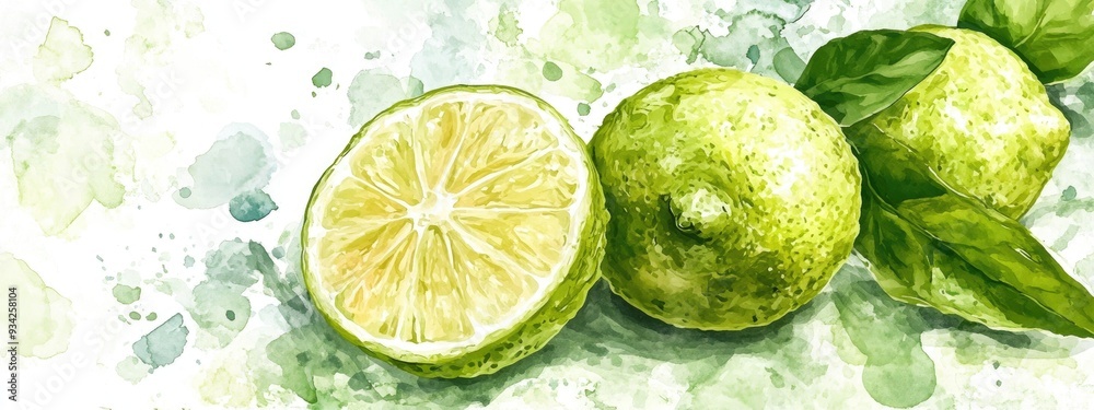 Watercolor backdrop featuring a depiction of bergamot and a sliced bergamot fruit Hand drawn illustration Watercolor backdrop featuring a depiction of bergamot and a sliced bergamot fruit Hand drawn illustration