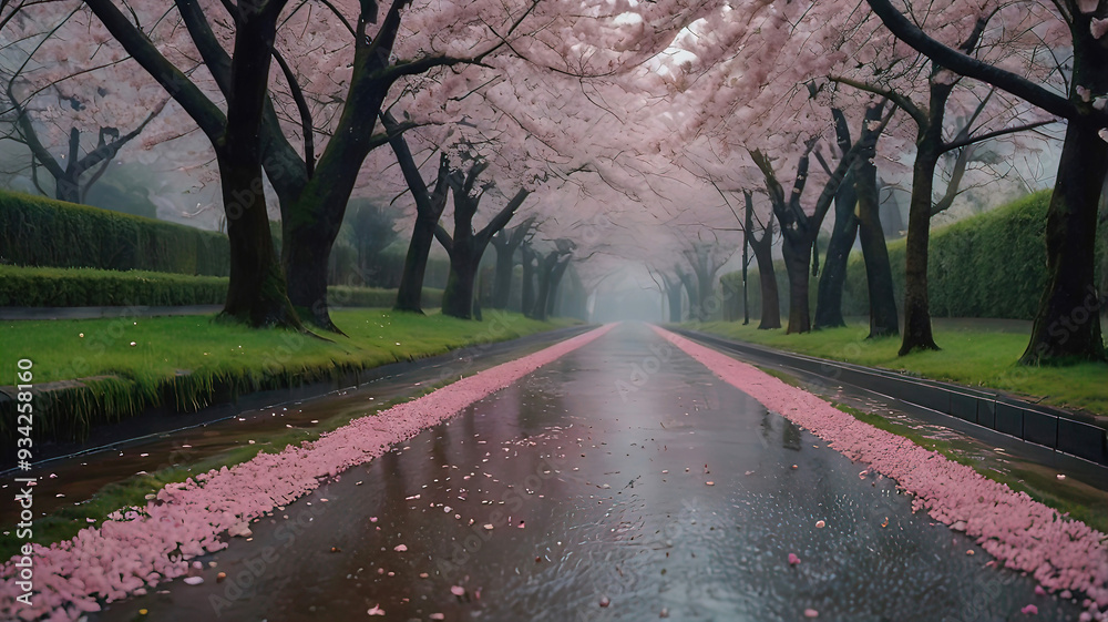 Obraz premium A serene path lined with cherry blossoms in the rain,