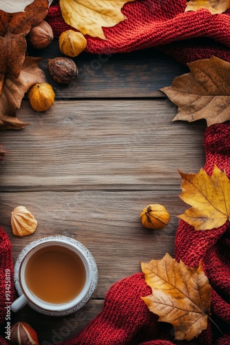 Warm cup of coffee with autumn leaves on a cozy knit blanket in fall