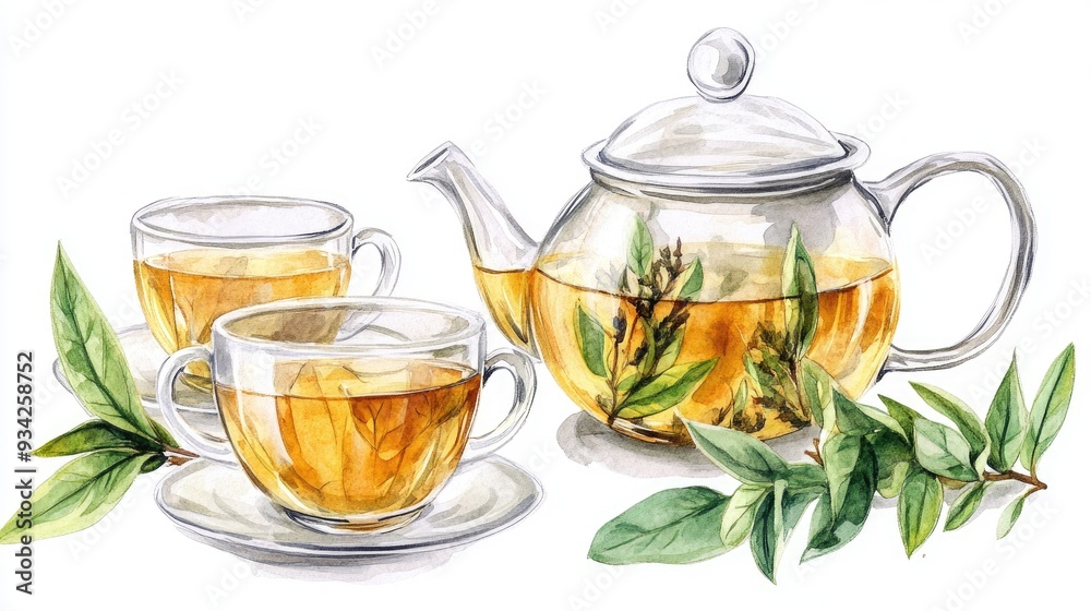 Transparent glass teapot and cup set with herbal tea Hand drawn watercolor illustration on a white background Transparent glass teapot and cup set with herbal tea Hand drawn watercolor illustration on a white background