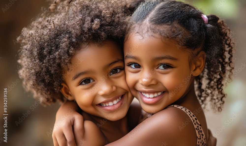 Cute happy african american siblings hugging, Generative AI Cute happy african american siblings hugging, Generative AI