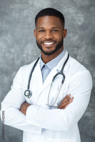 Smiling doctor in a white lab coat with a stethoscope posing confidently indoors