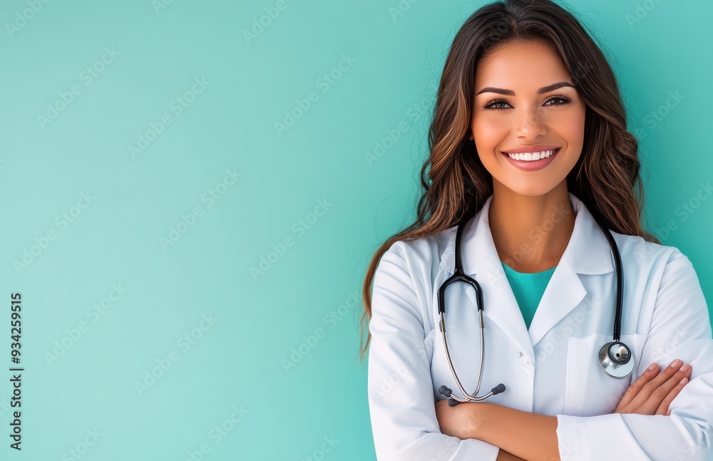 Young female doctor smiling confidently in a clinic with teal background Young female doctor smiling confidently in a clinic with teal background