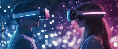 People engaging in virtual reality experience with colorful light background