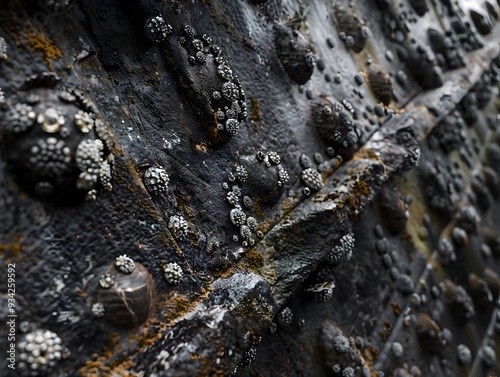 Detailed Close up of Weathered Ship s Hull Covered in Barnacles and Moss photo