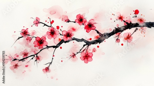 Watercolor and ink illustration featuring a blossoming cherry tree branch Traditional oriental painting in sumi e and u sin styles Artistic depiction