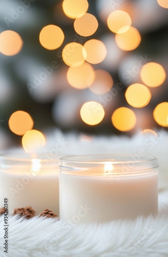Cozy winter setting with lit candles and pine cones surrounded by soft white ...