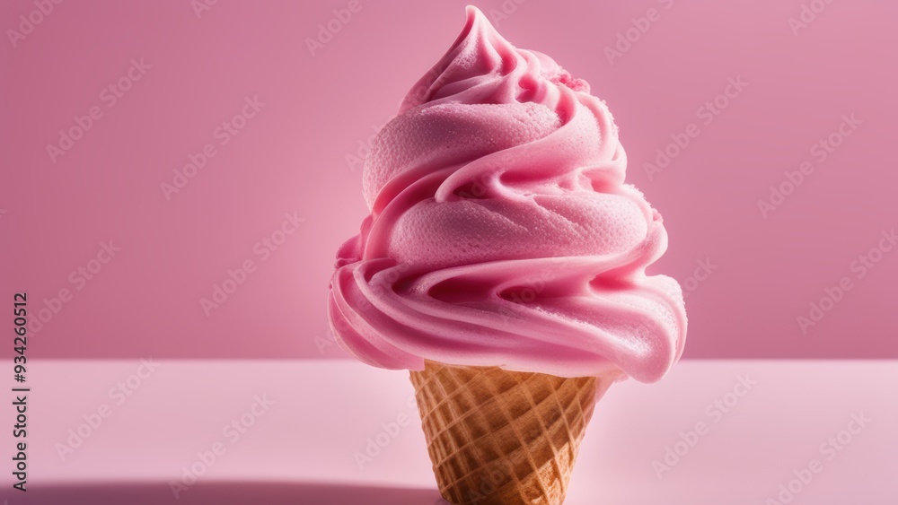 Soft pink ice cream cone on a bed of pink bathed in gentle light atop a subtle shadow. Soft pink ice cream cone on a bed of pink bathed in gentle light atop a subtle shadow.