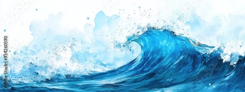 Vibrant watercolor illustration of a large blue ocean wave