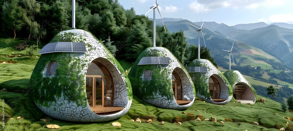 An eco-friendly resort with solar panels, wind turbines, and a focus on ...
