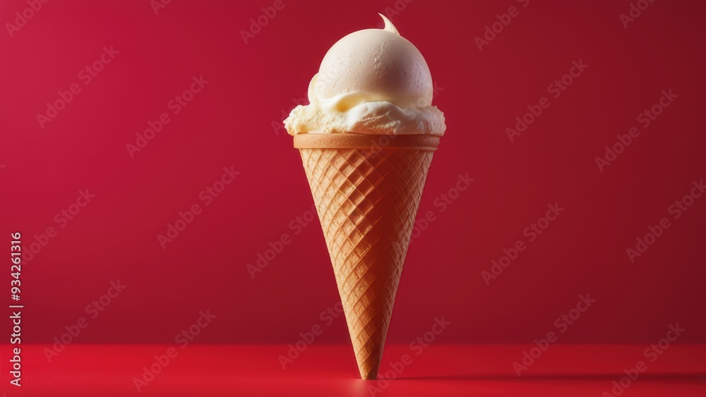 Vibrant red backdrop highlights a waffle-cone scoop of complex-flavored ice cream with visible chunks inside in a clean simple composition. Vibrant red backdrop highlights a waffle-cone scoop of complex-flavored ice cream with visible chunks inside in a clean simple composition.